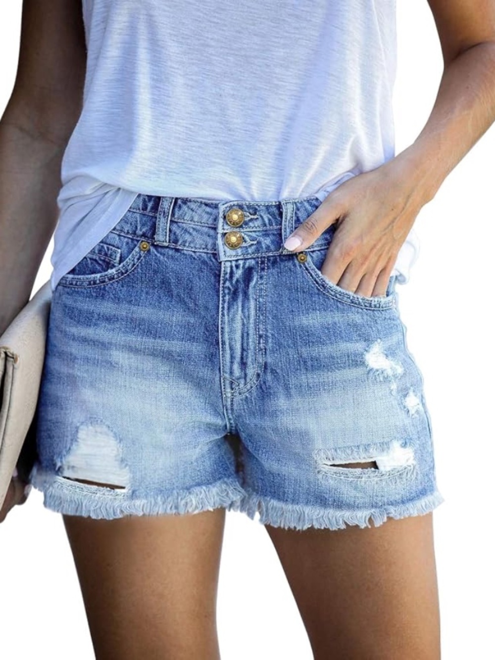 Luvamia Stretchy Distressed Denim Shorts High Waisted Ripped Double Button Large